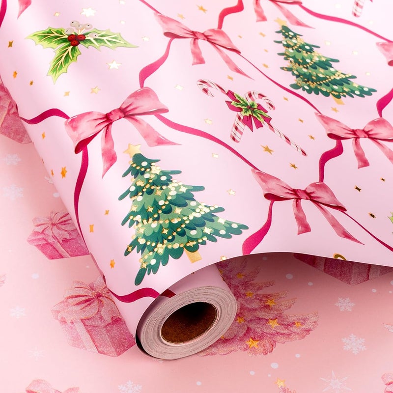 Yarcony Reversible Pink Christmas Wrapping Paper Roll, Girly Bows Wrapping Paper, Pink and Green Coquette Bows Christmas Gift Wrap for Holiday, Girls Birthday, Party (Mini Roll, 17 Inch X 33 Feet) - Image 1